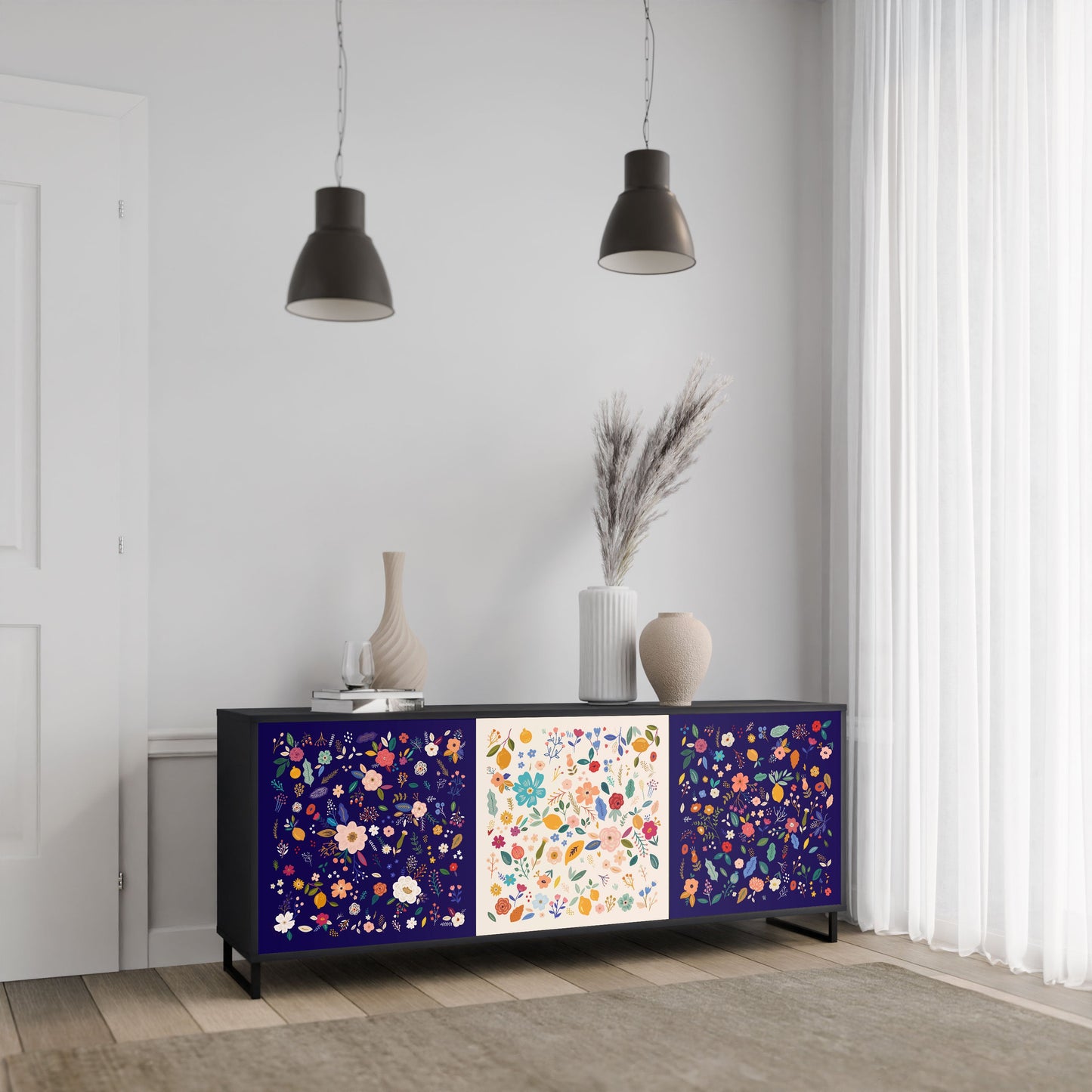 Credenza a 3 ante FLORAL COMBINATION in finitura nera