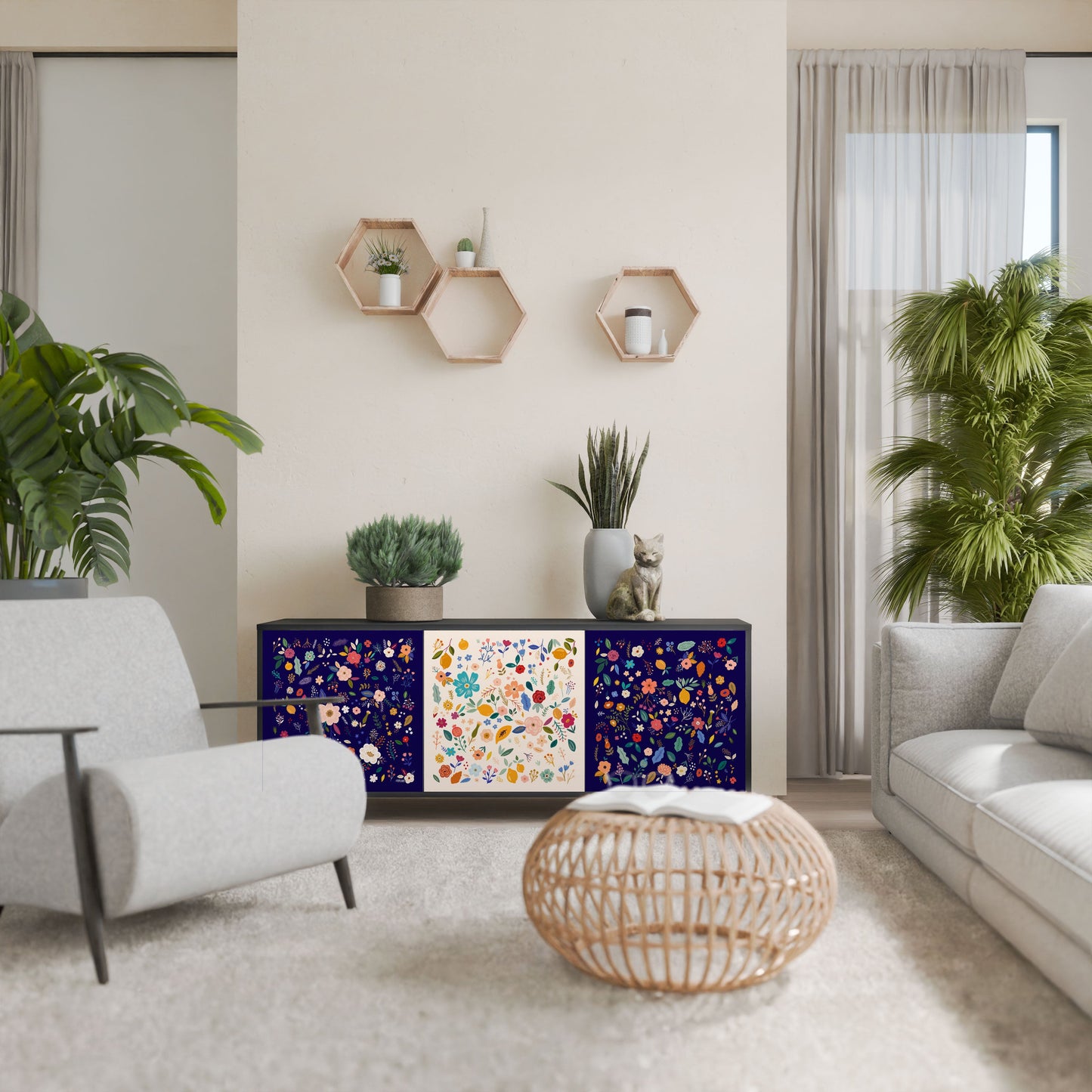 Credenza a 3 ante FLORAL COMBINATION in finitura nera
