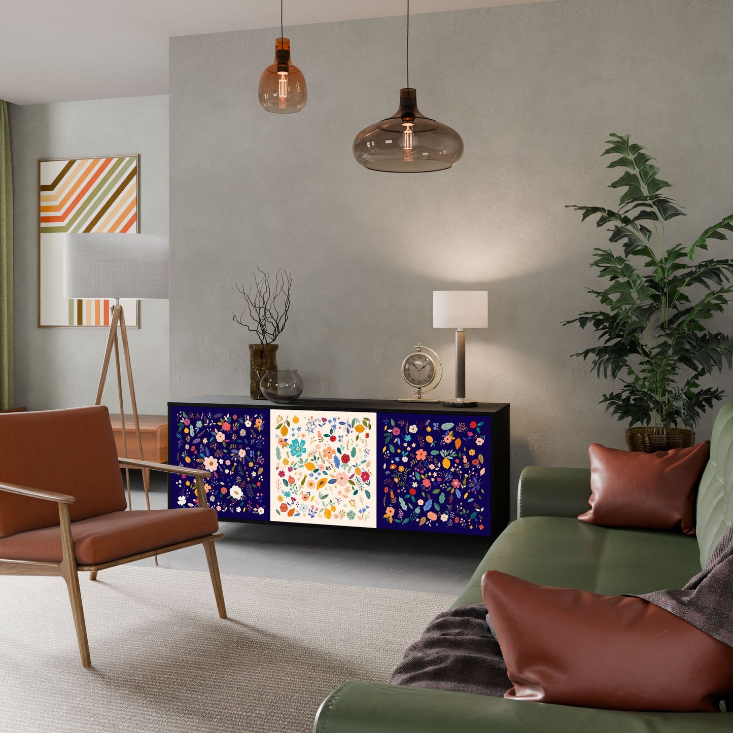 Credenza a 3 ante FLORAL COMBINATION in finitura nera