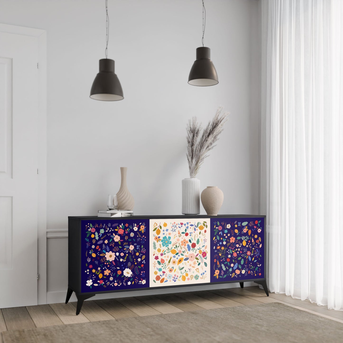 Credenza a 3 ante FLORAL COMBINATION in finitura nera