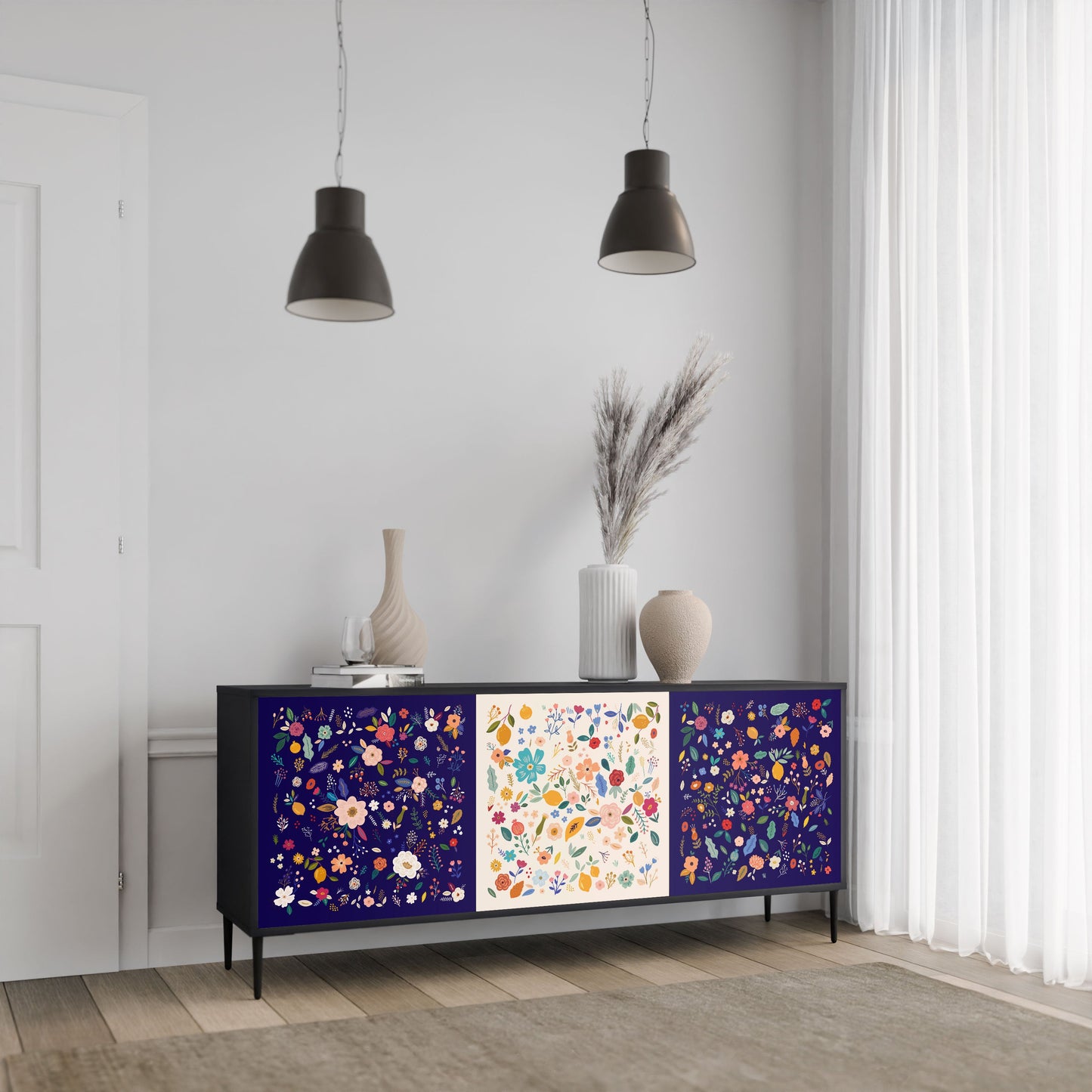 Credenza a 3 ante FLORAL COMBINATION in finitura nera
