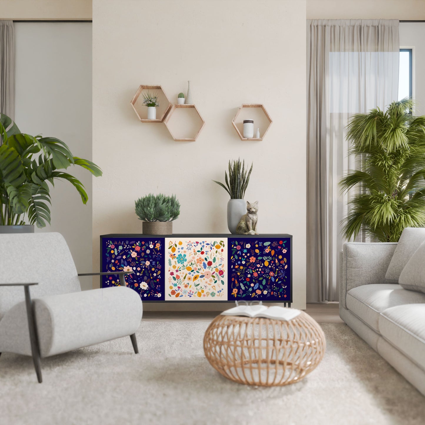 Credenza a 3 ante FLORAL COMBINATION in finitura nera