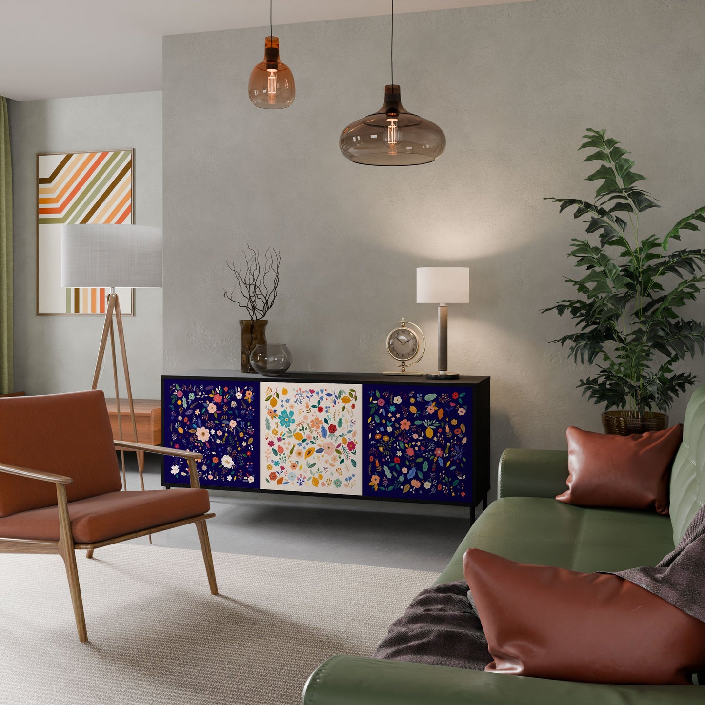 Credenza a 3 ante FLORAL COMBINATION in finitura nera