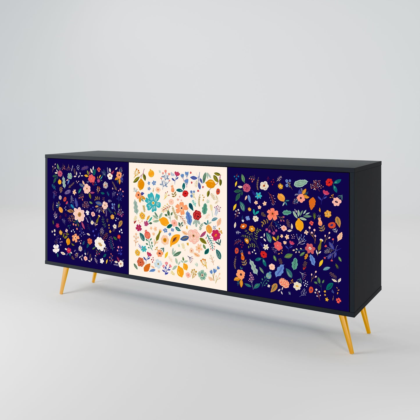 Credenza a 3 ante FLORAL COMBINATION in finitura nera