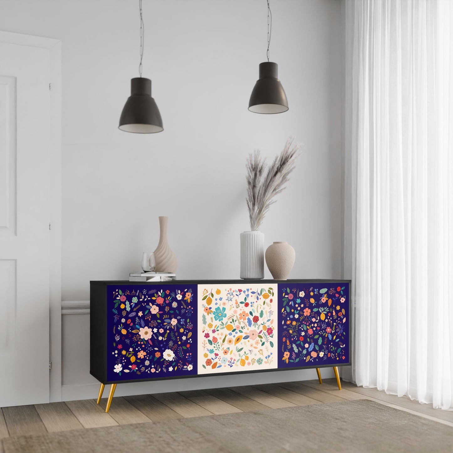 Credenza a 3 ante FLORAL COMBINATION in finitura nera