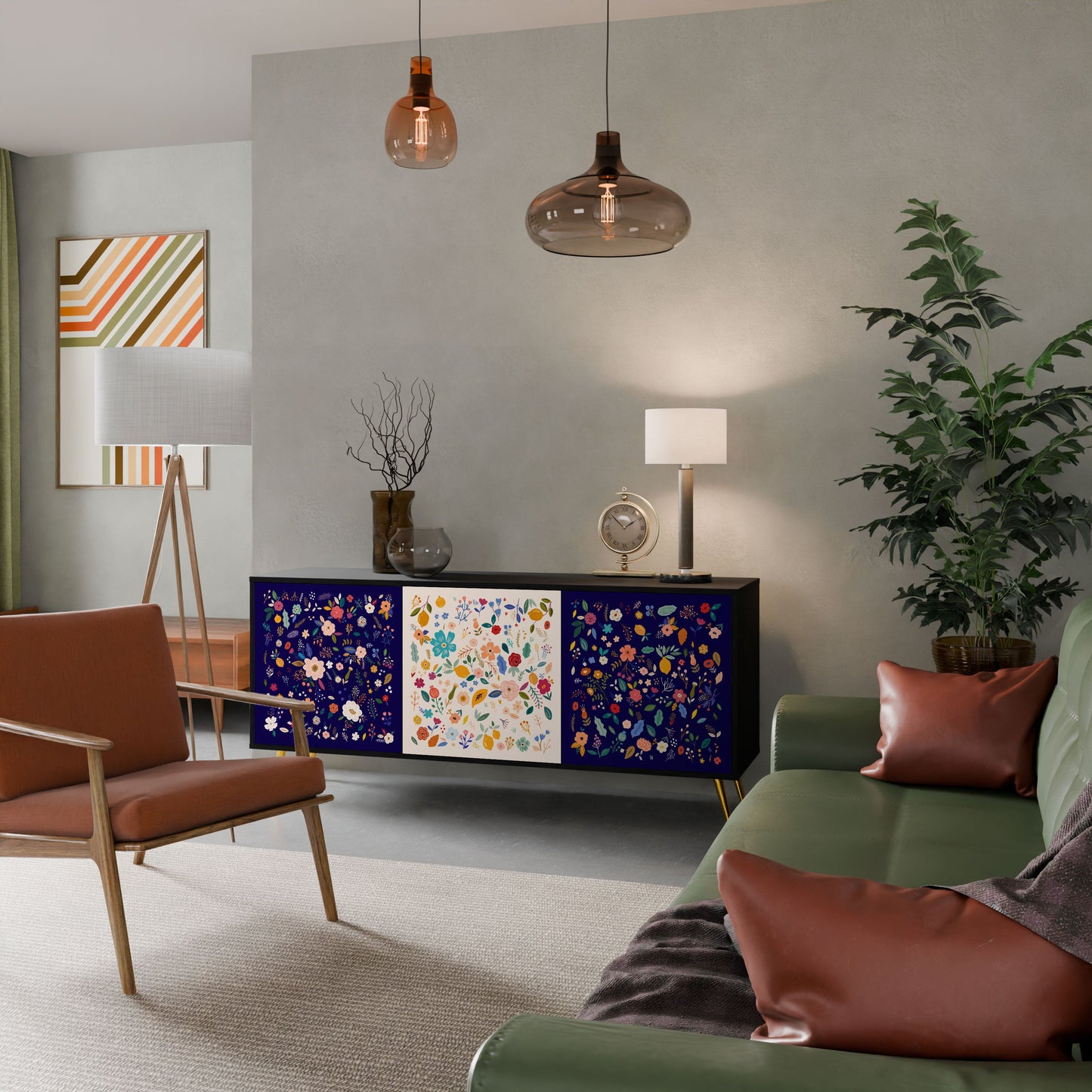 Credenza a 3 ante FLORAL COMBINATION in finitura nera