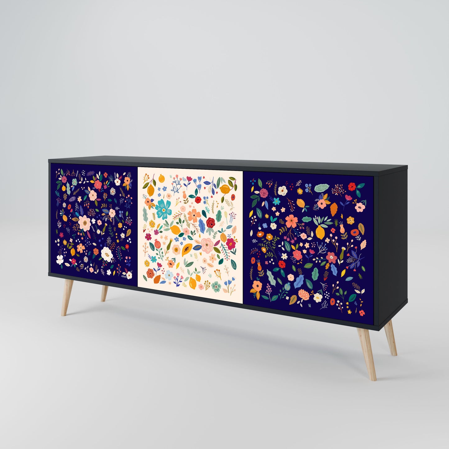 Credenza a 3 ante FLORAL COMBINATION in finitura nera