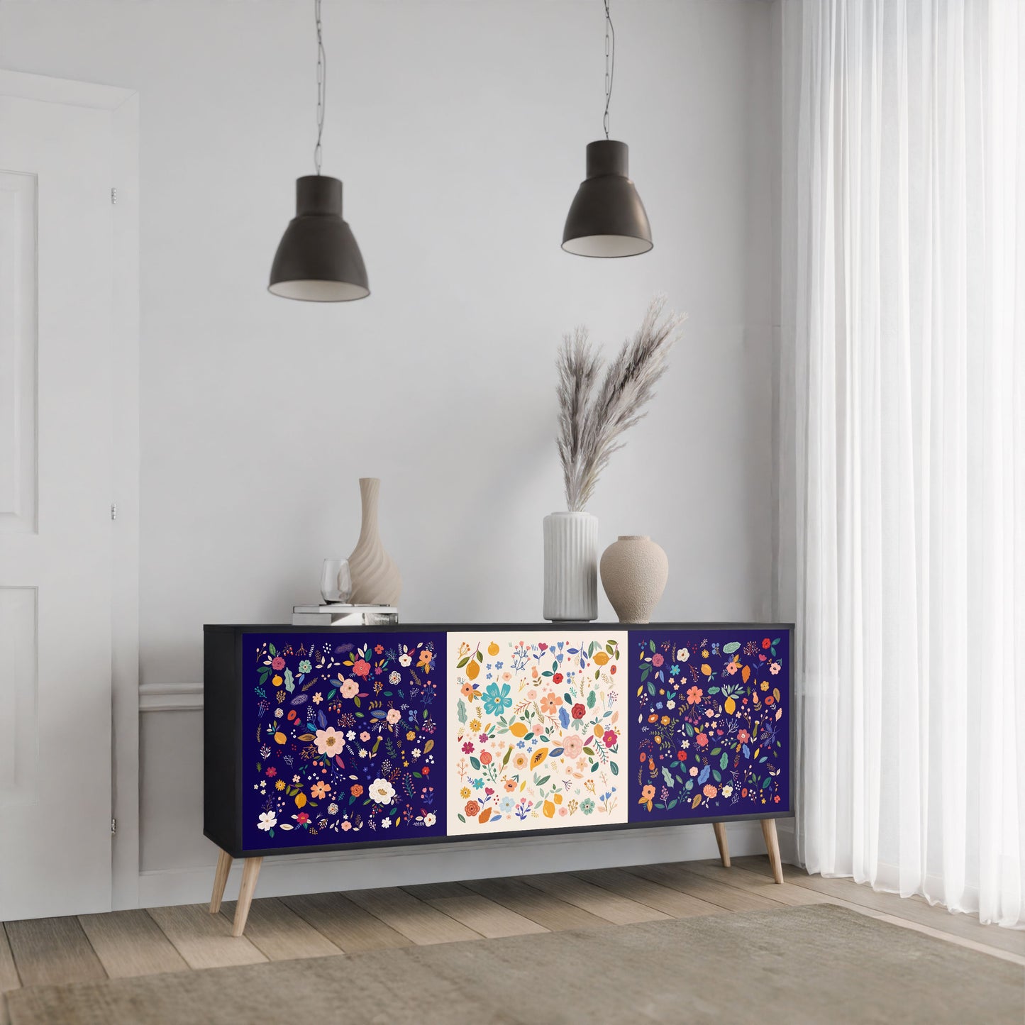 Credenza a 3 ante FLORAL COMBINATION in finitura nera