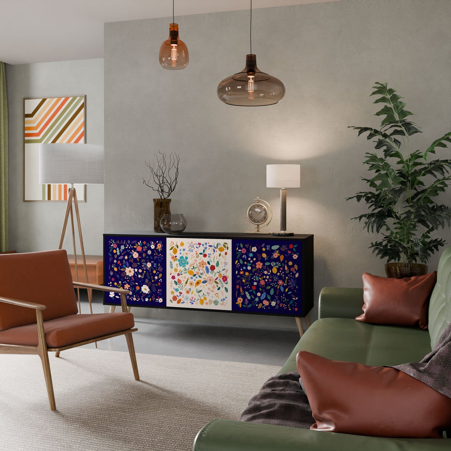 Credenza a 3 ante FLORAL COMBINATION in finitura nera