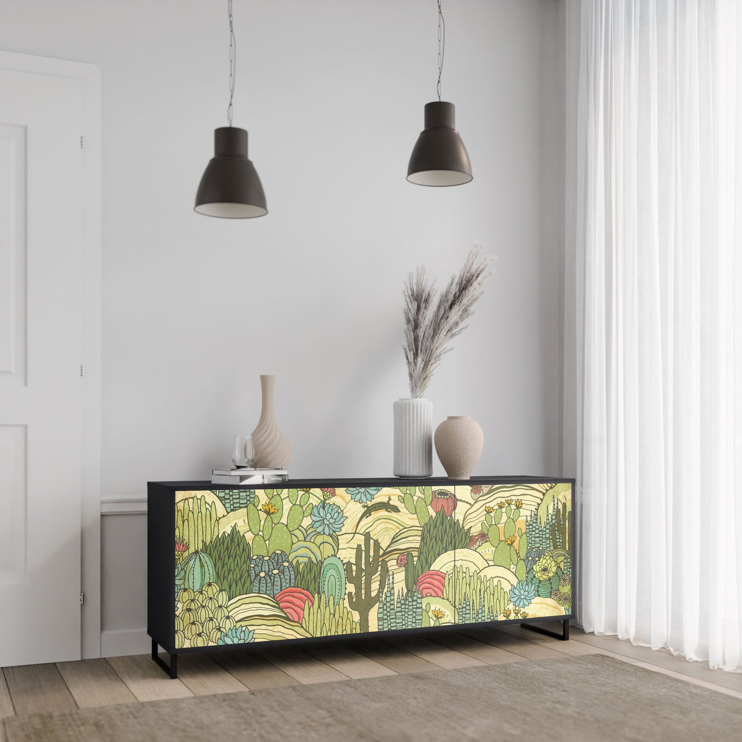 Credenza SUCCULENTS KALEIDOSCOPE a 3 ante in finitura nera