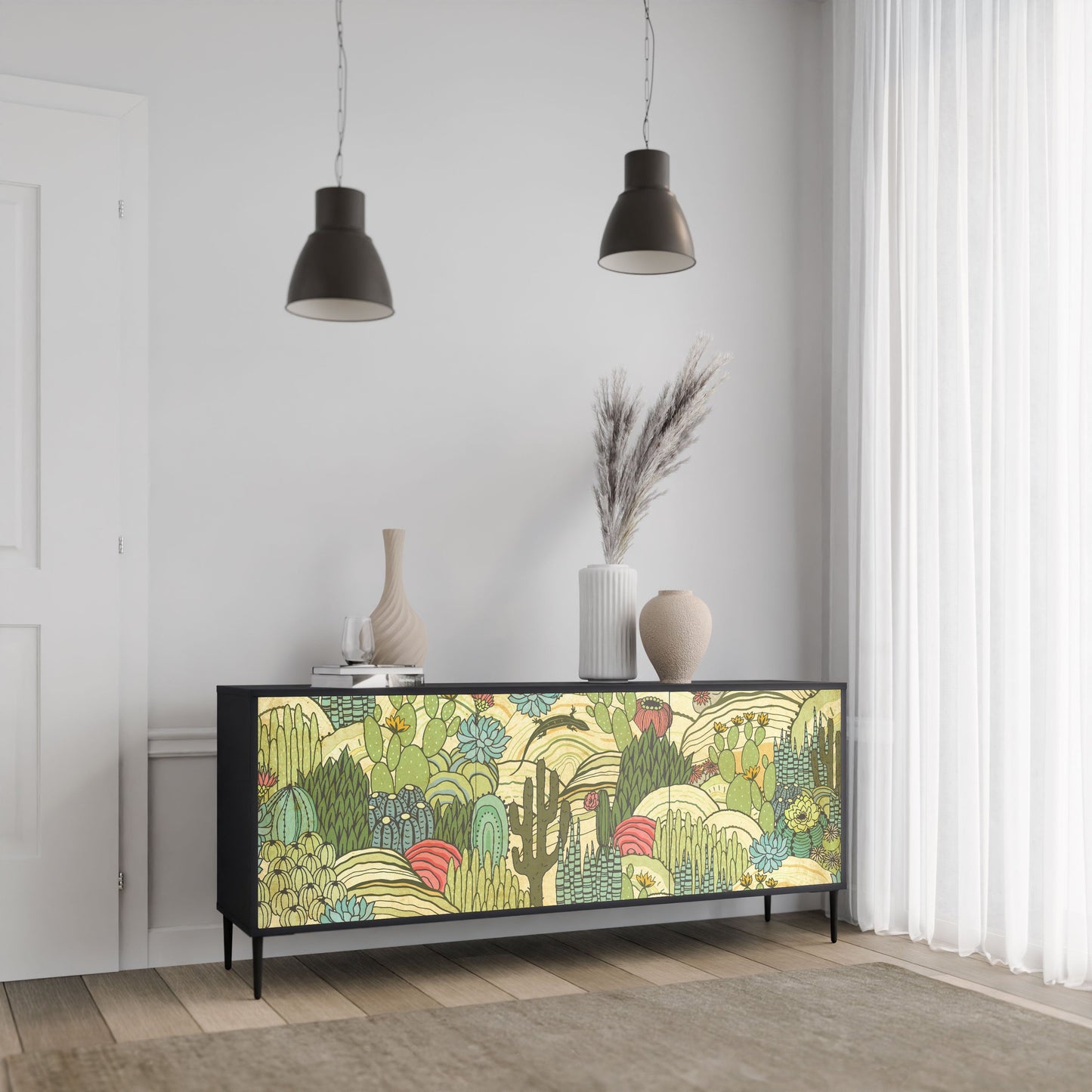 Credenza SUCCULENTS KALEIDOSCOPE a 3 ante in finitura nera