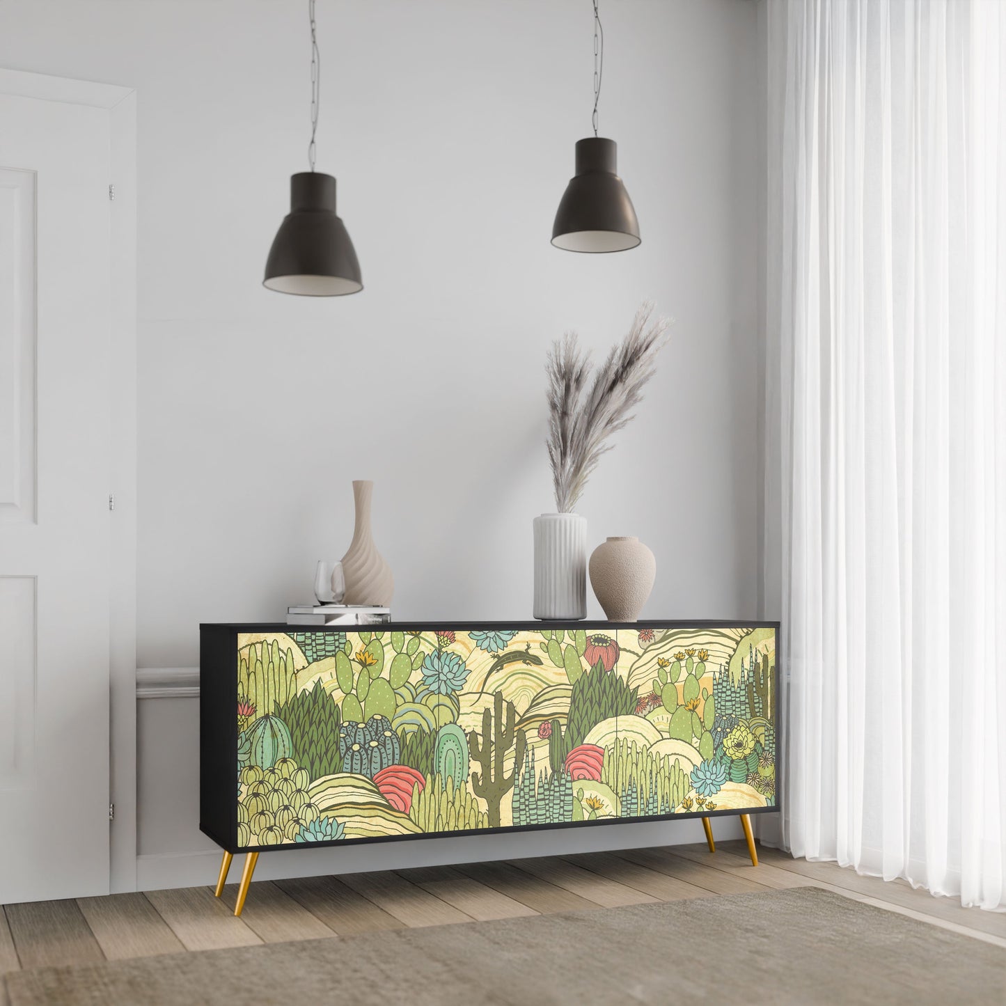 Credenza SUCCULENTS KALEIDOSCOPE a 3 ante in finitura nera
