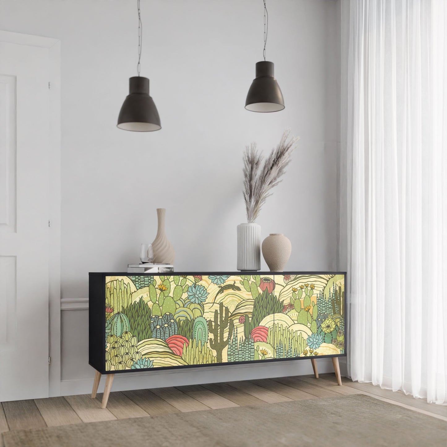 Credenza SUCCULENTS KALEIDOSCOPE a 3 ante in finitura nera