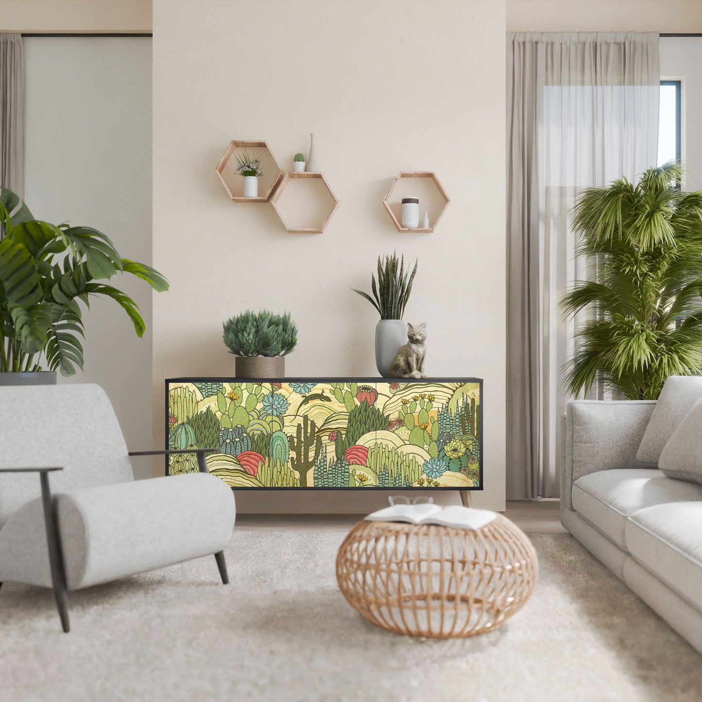 Credenza SUCCULENTS KALEIDOSCOPE a 3 ante in finitura nera