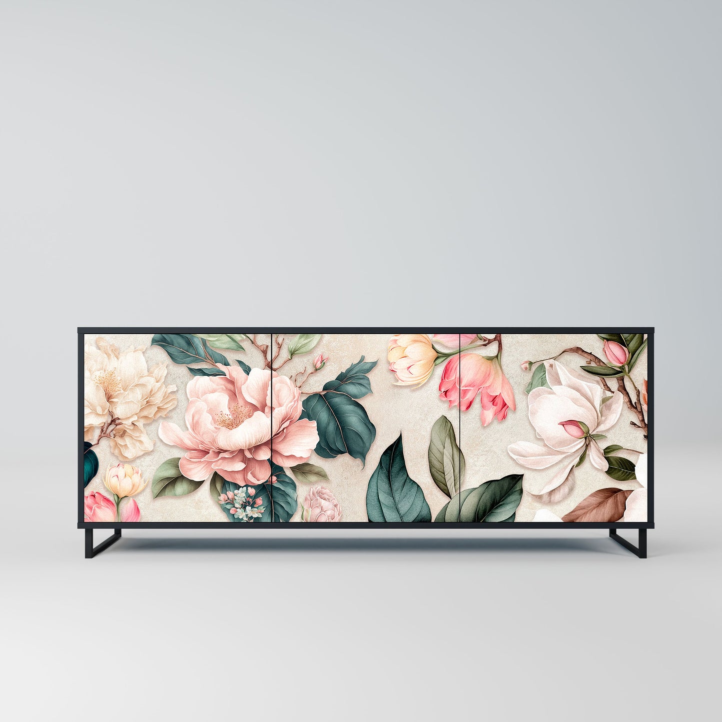 FLORAL GRACE 3-Door Sideboard in Black Finish