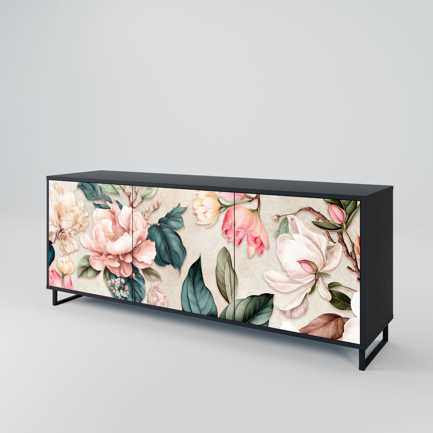FLORAL GRACE 3-Door Sideboard in Black Finish