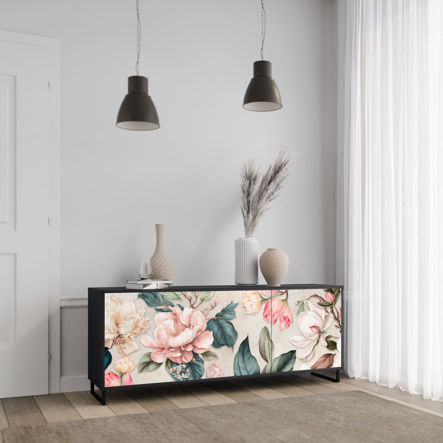 FLORAL GRACE 3-Door Sideboard in Black Finish