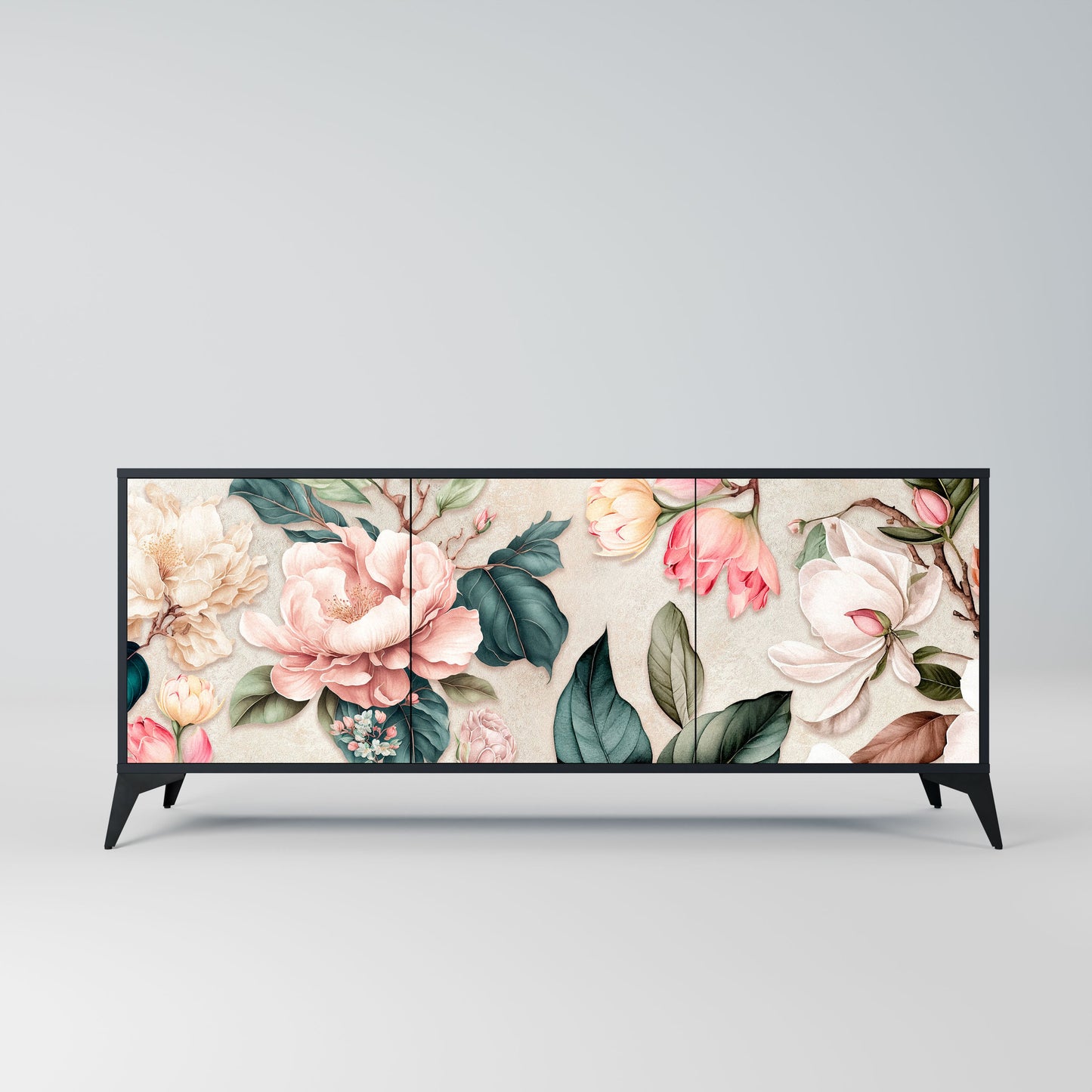 FLORAL GRACE 3-Door Sideboard in Black Finish