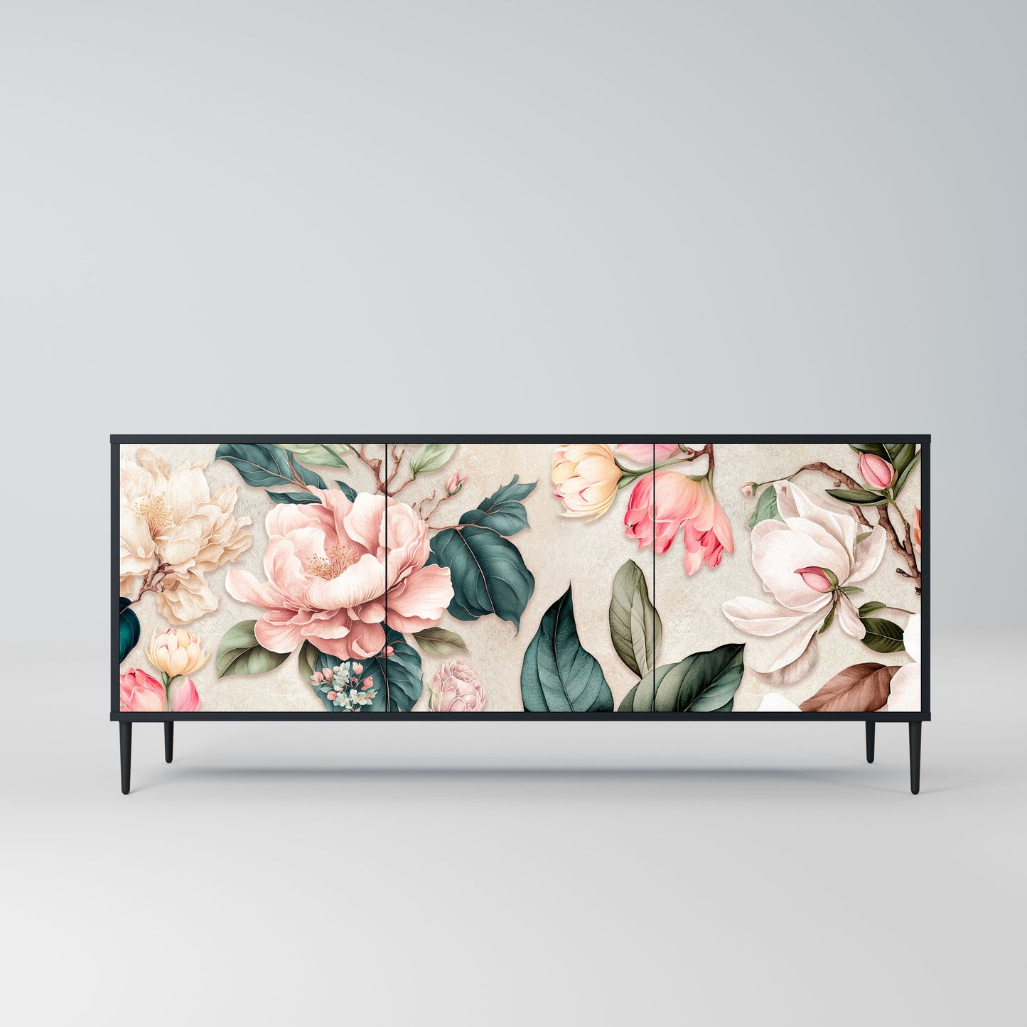 FLORAL GRACE 3-Door Sideboard in Black Finish