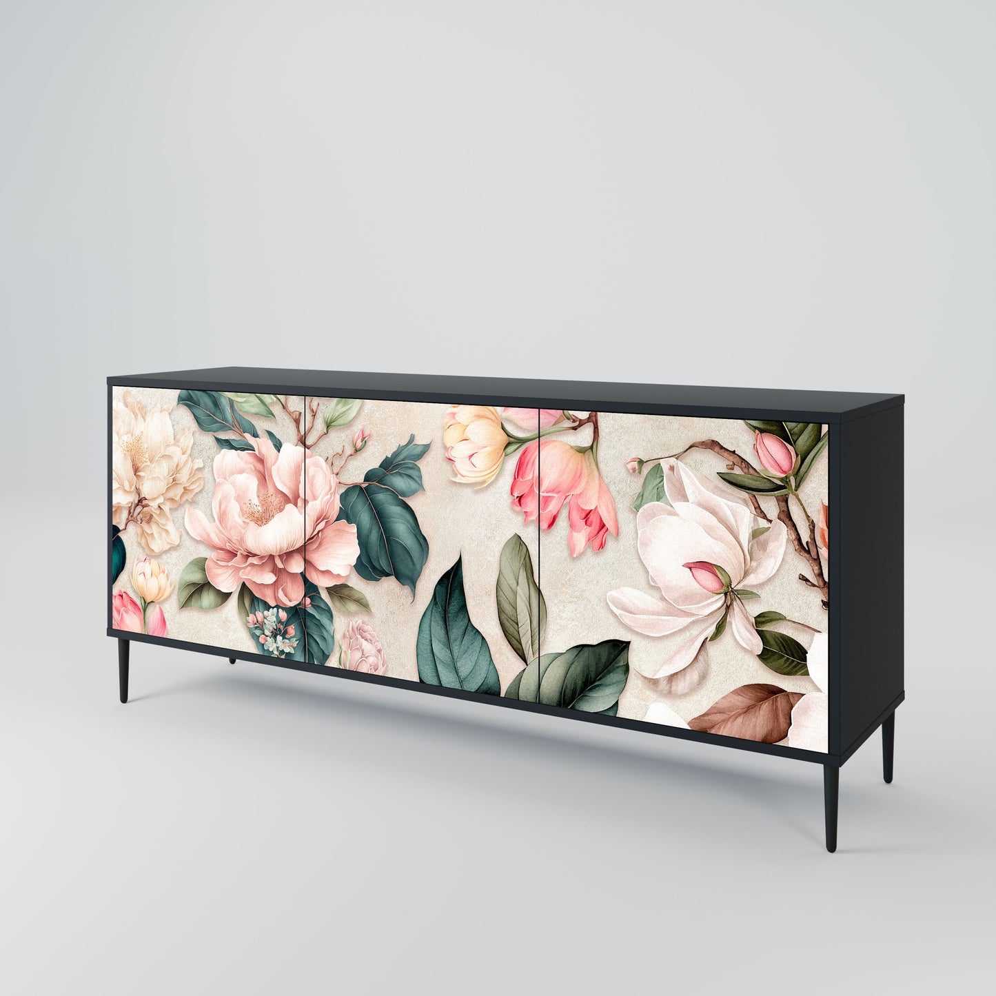 FLORAL GRACE 3-Door Sideboard in Black Finish