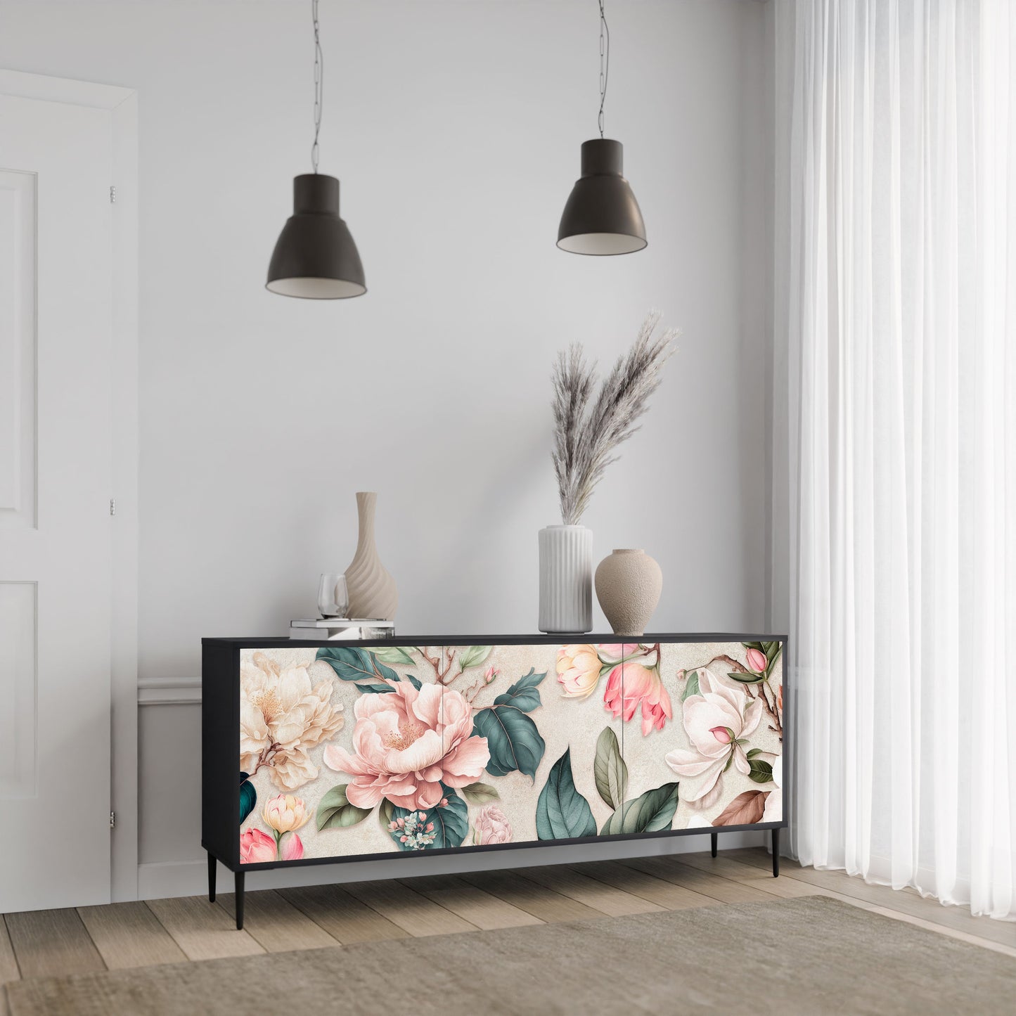 FLORAL GRACE 3-Door Sideboard in Black Finish