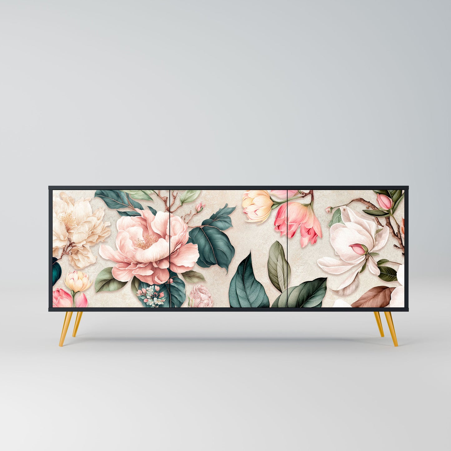 FLORAL GRACE 3-Door Sideboard in Black Finish