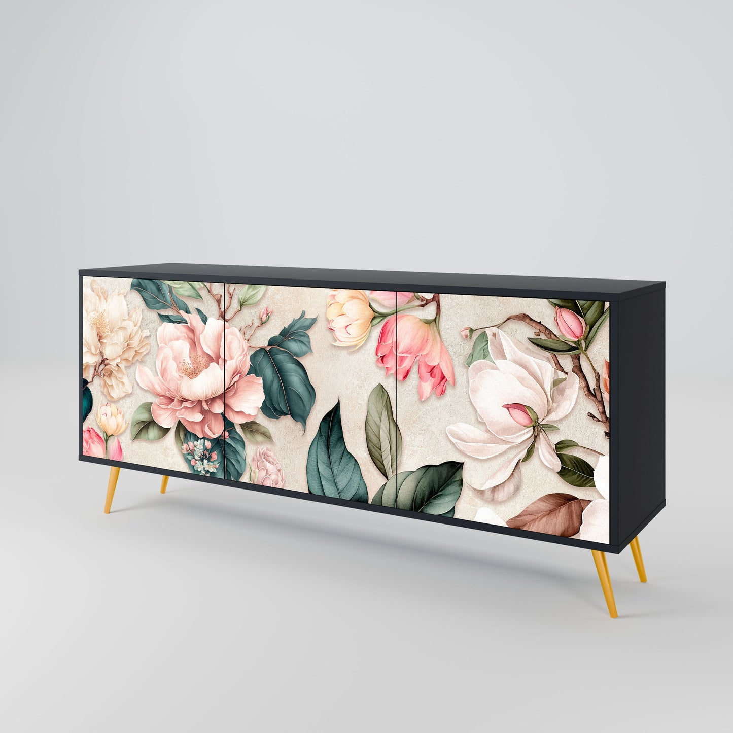 FLORAL GRACE 3-Door Sideboard in Black Finish