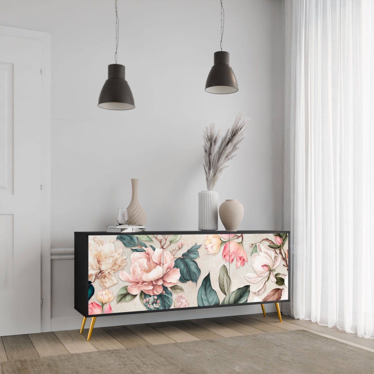 FLORAL GRACE 3-Door Sideboard in Black Finish