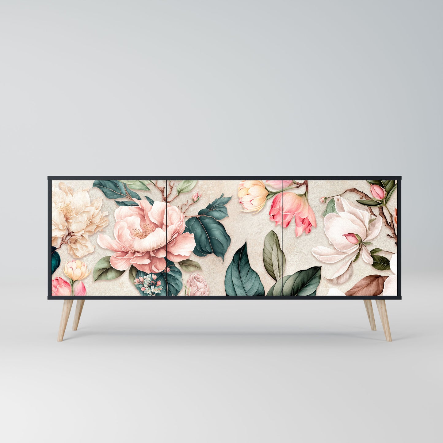 FLORAL GRACE 3-Door Sideboard in Black Finish