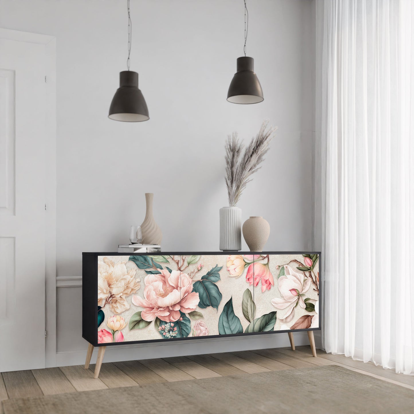 FLORAL GRACE 3-Door Sideboard in Black Finish