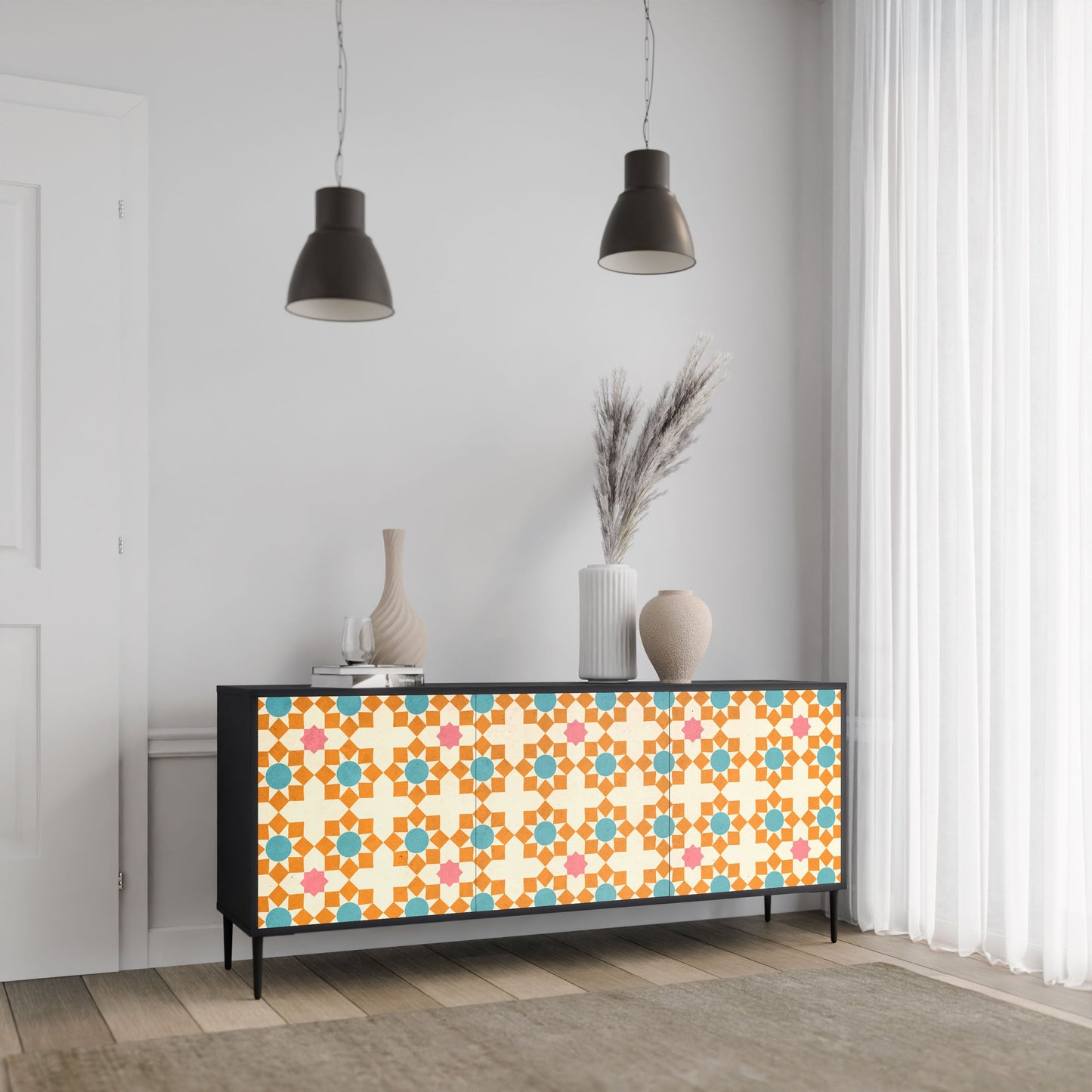 FLORAL DECOR 3-Door Sideboard in Black Finish