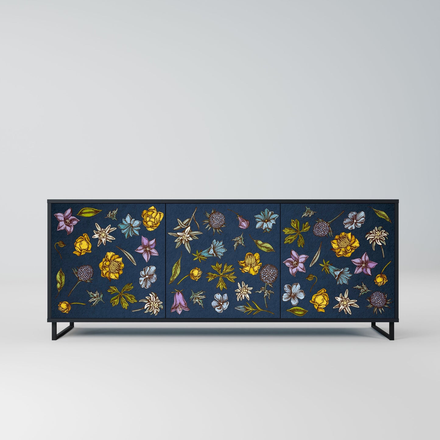 FLOWERS ON NAVY BLUE 3-Door Sideboard in Black Finish