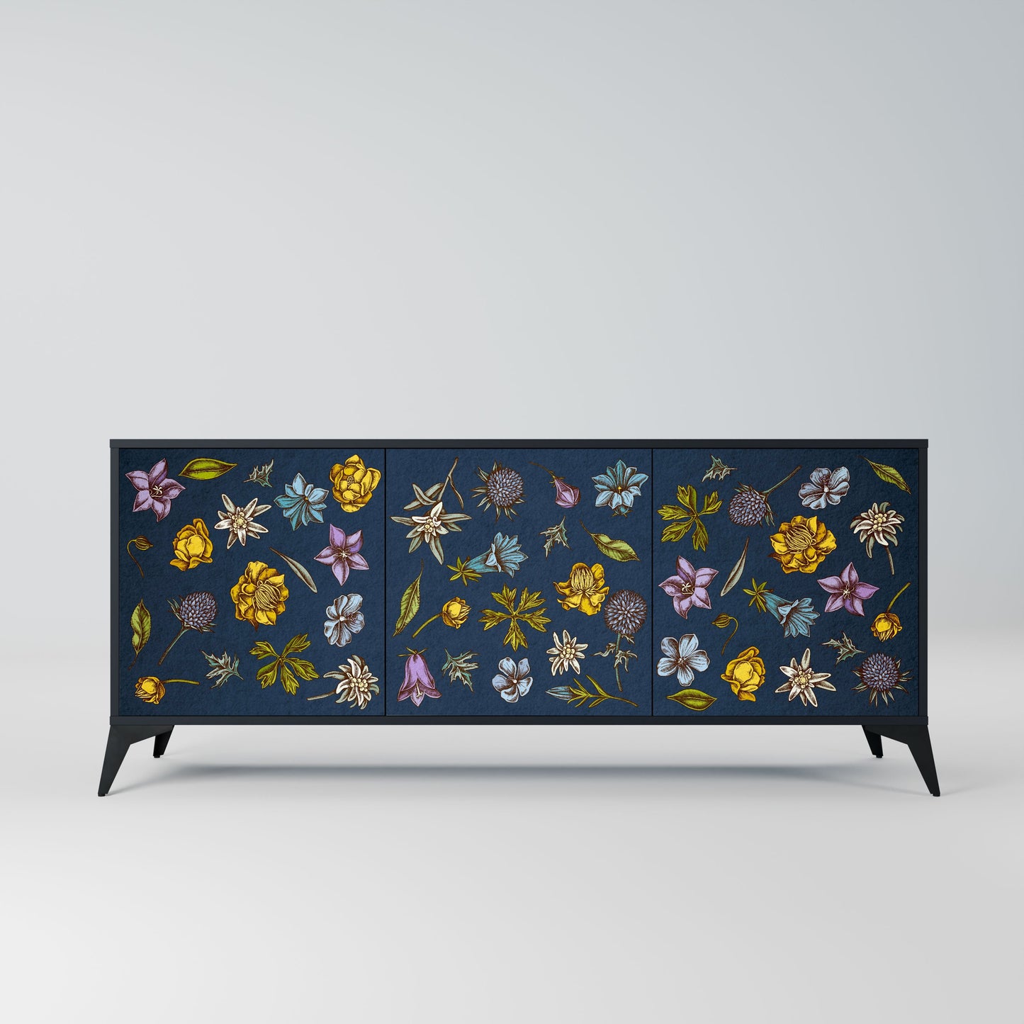 FLOWERS ON NAVY BLUE 3-Door Sideboard in Black Finish