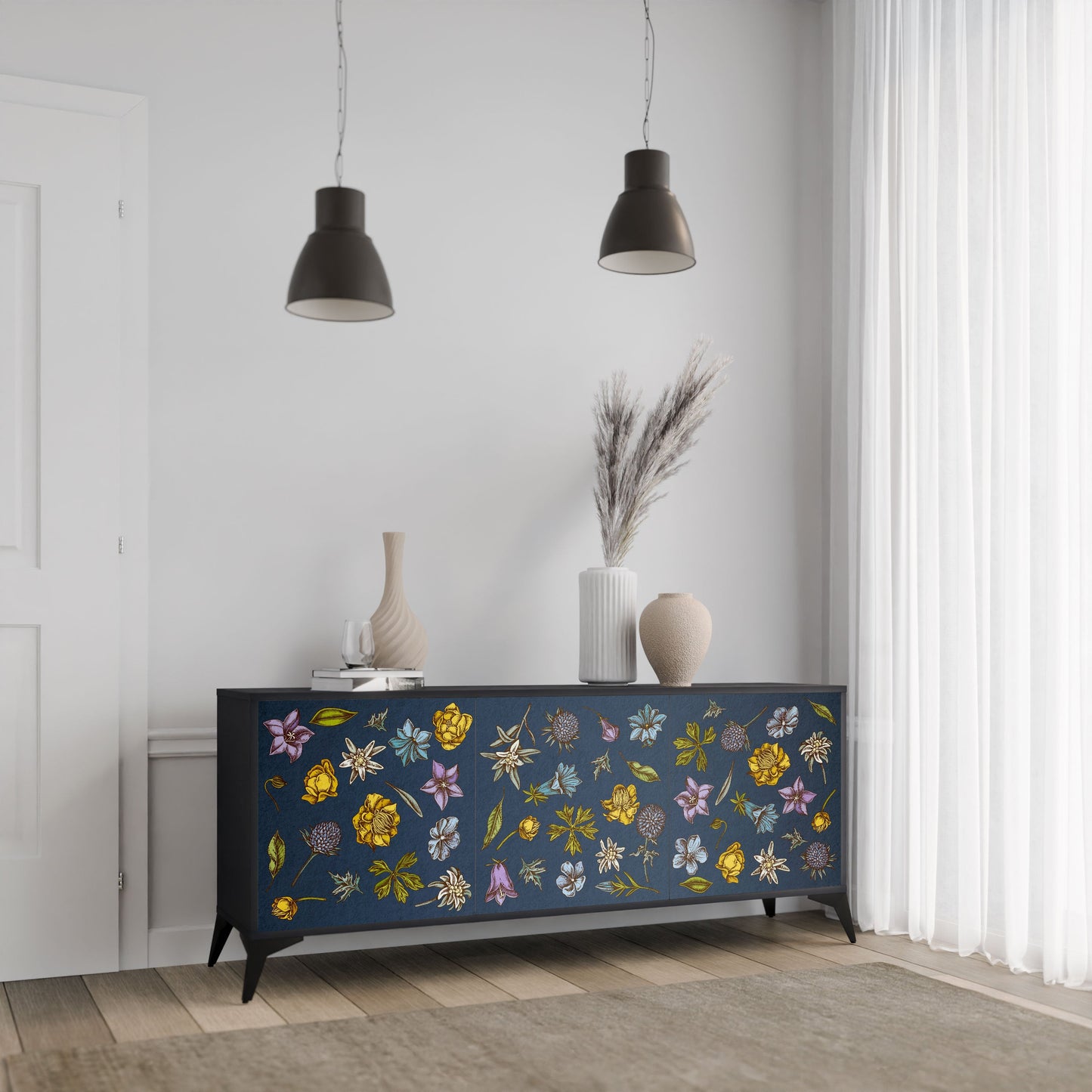 FLOWERS ON NAVY BLUE 3-Door Sideboard in Black Finish