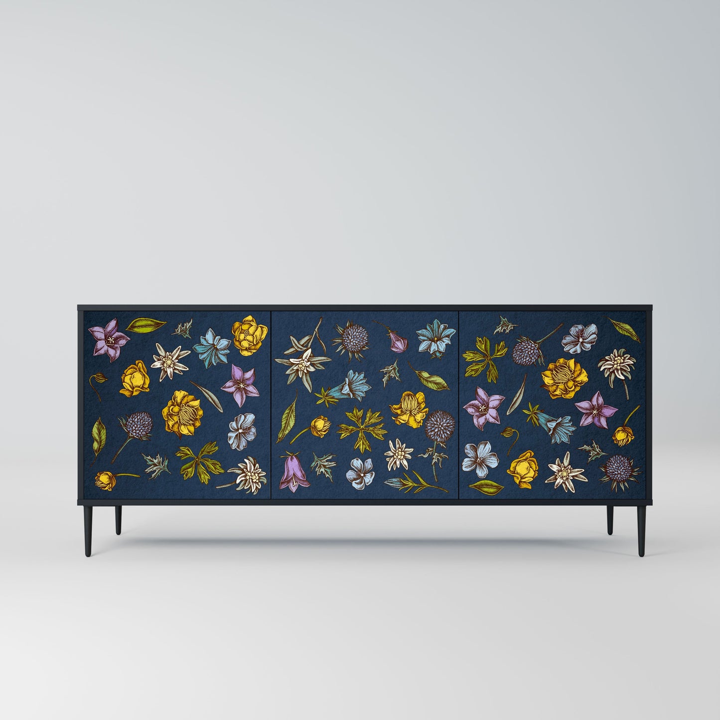 FLOWERS ON NAVY BLUE 3-Door Sideboard in Black Finish