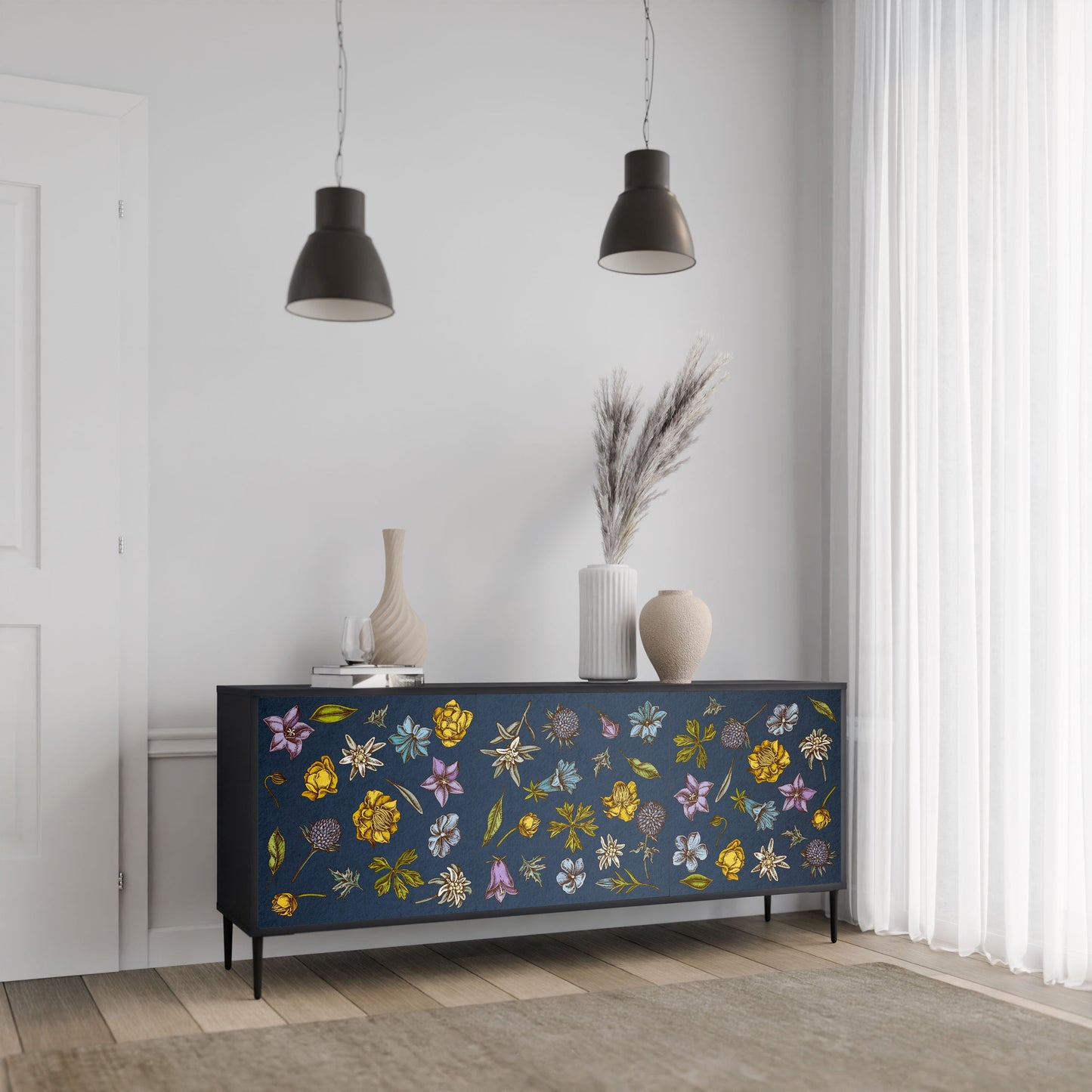 FLOWERS ON NAVY BLUE 3-Door Sideboard in Black Finish