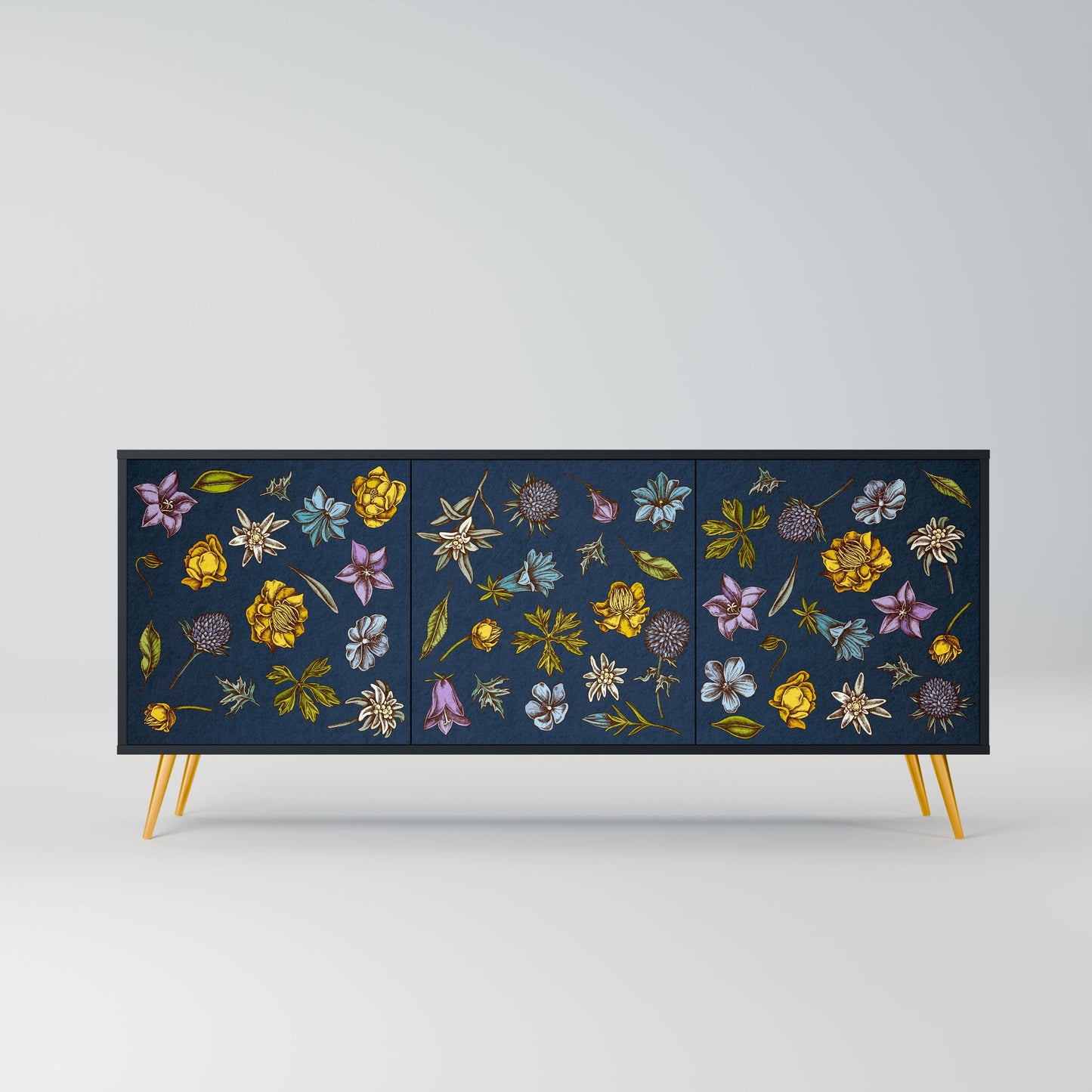 FLOWERS ON NAVY BLUE 3-Door Sideboard in Black Finish