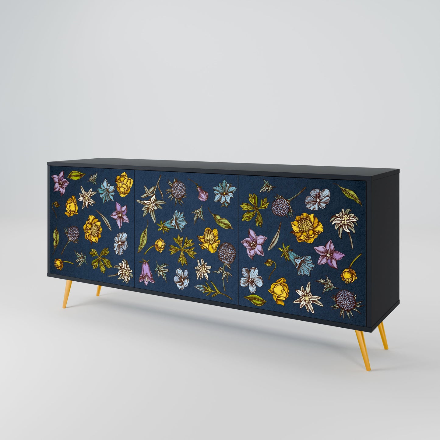 FLOWERS ON NAVY BLUE 3-Door Sideboard in Black Finish