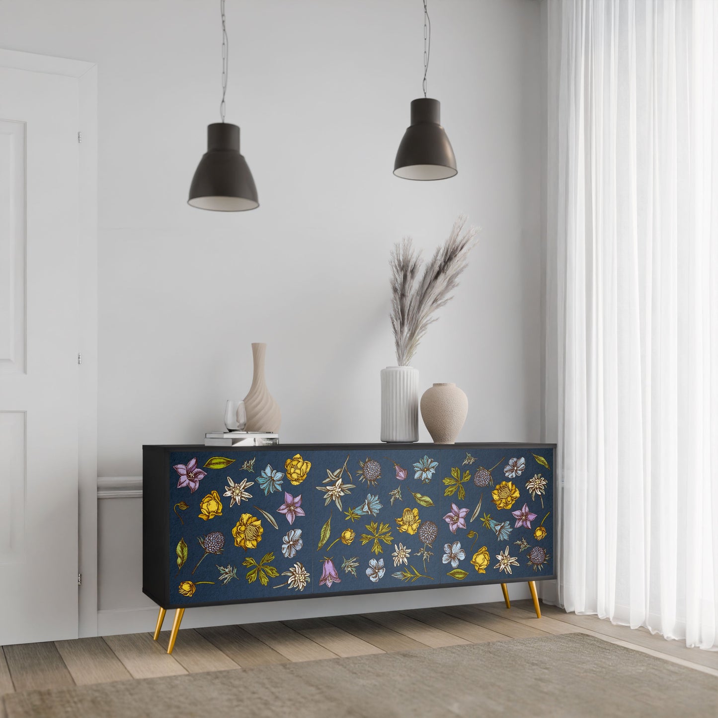 FLOWERS ON NAVY BLUE 3-Door Sideboard in Black Finish