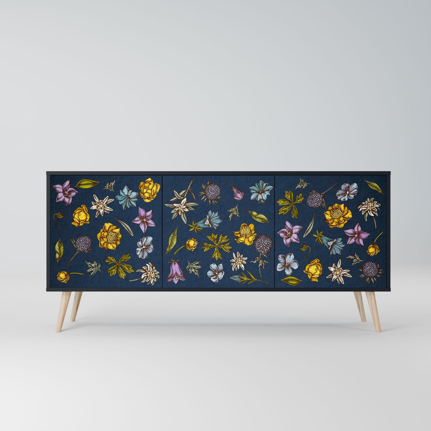 FLOWERS ON NAVY BLUE 3-Door Sideboard in Black Finish