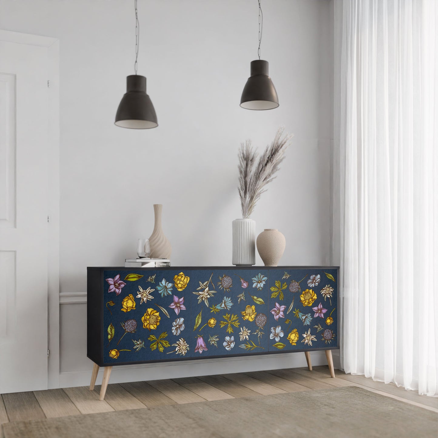 FLOWERS ON NAVY BLUE 3-Door Sideboard in Black Finish