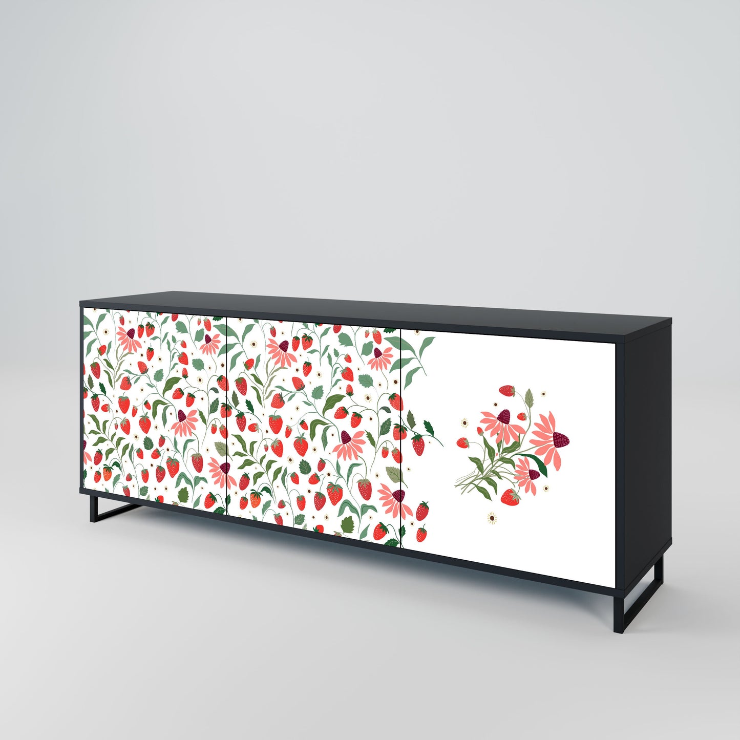 FLOWERS AND STRAWBERRIES 3-Door Sideboard in Black Finish