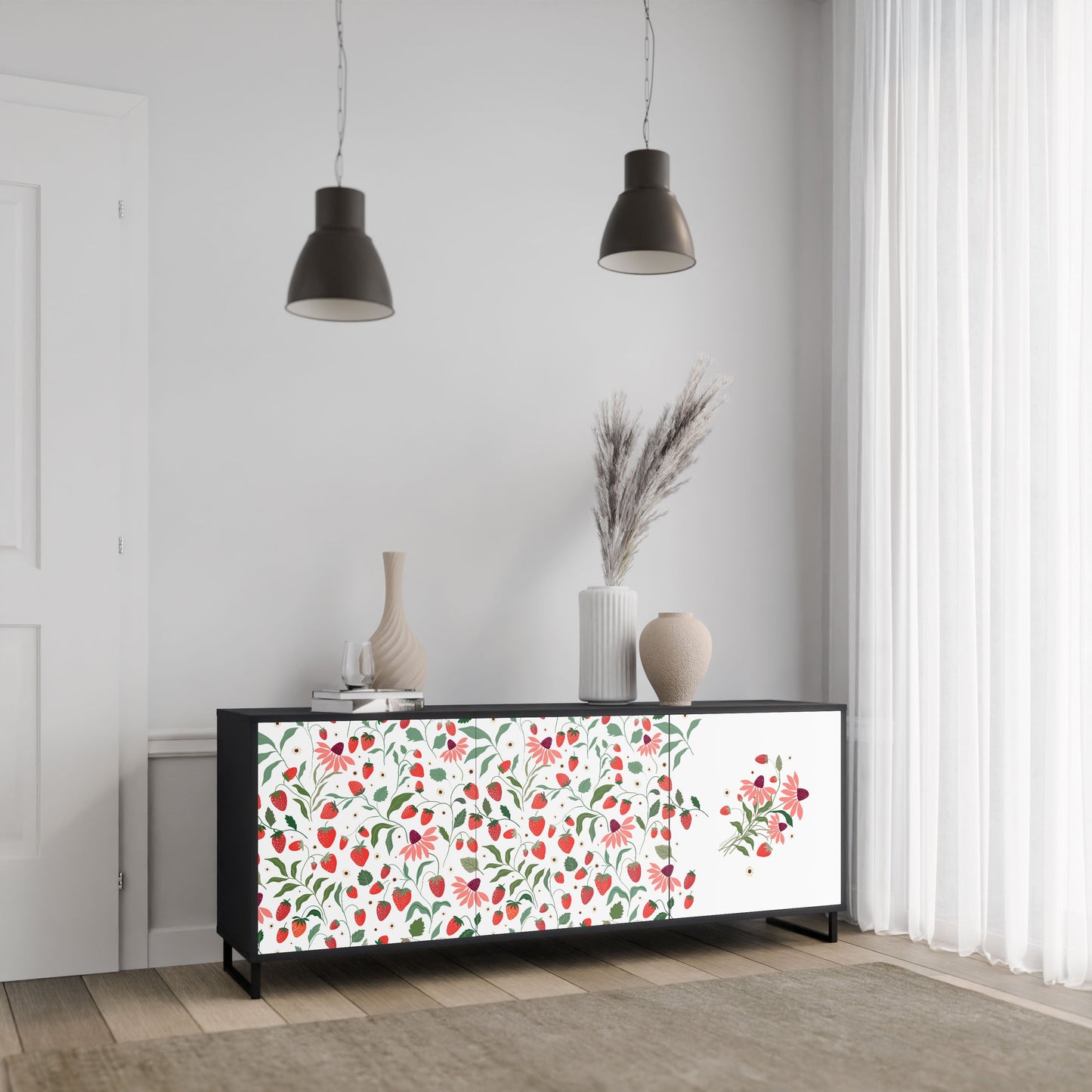 FLOWERS AND STRAWBERRIES 3-Door Sideboard in Black Finish
