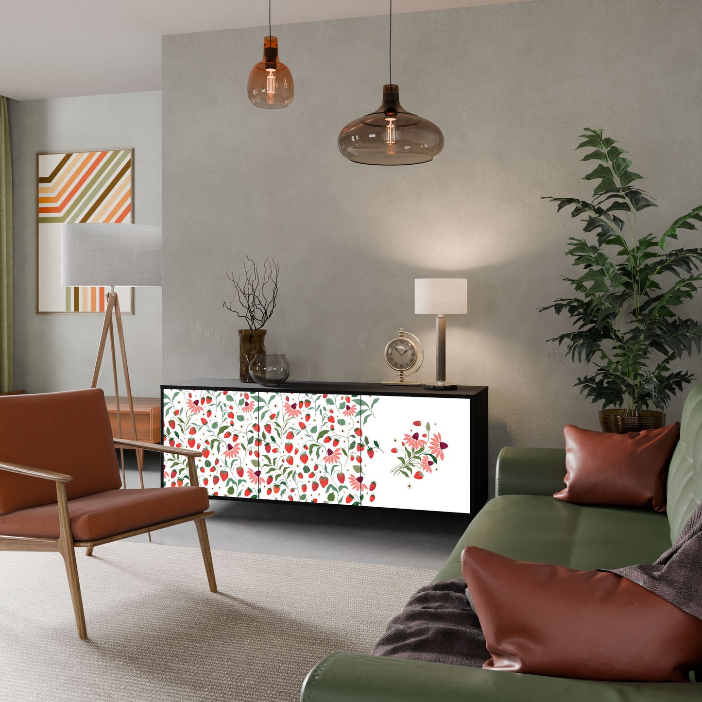 FLOWERS AND STRAWBERRIES 3-Door Sideboard in Black Finish