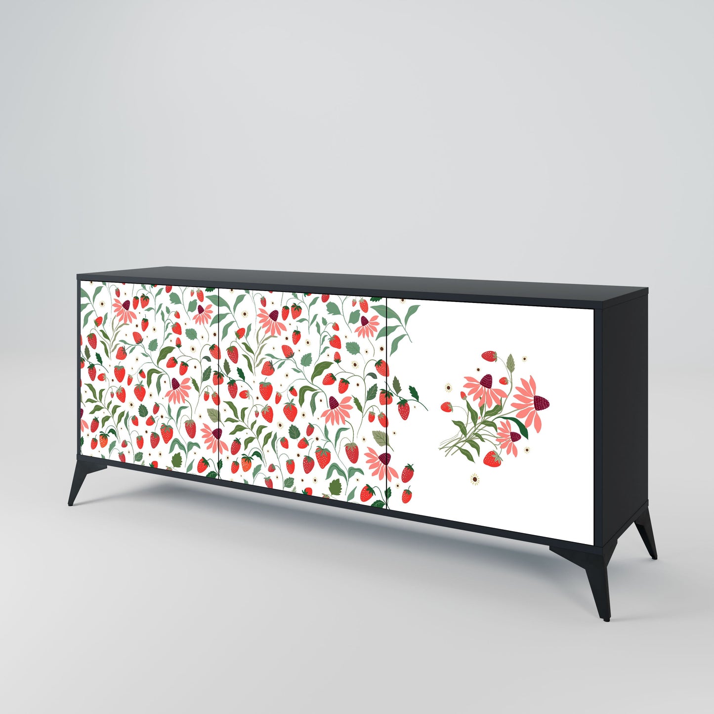 FLOWERS AND STRAWBERRIES 3-Door Sideboard in Black Finish