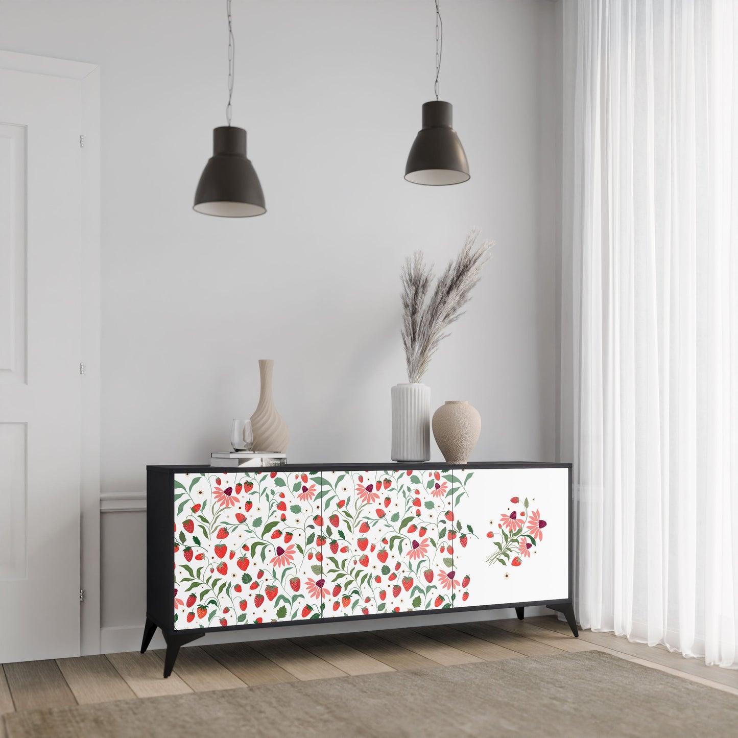 FLOWERS AND STRAWBERRIES 3-Door Sideboard in Black Finish