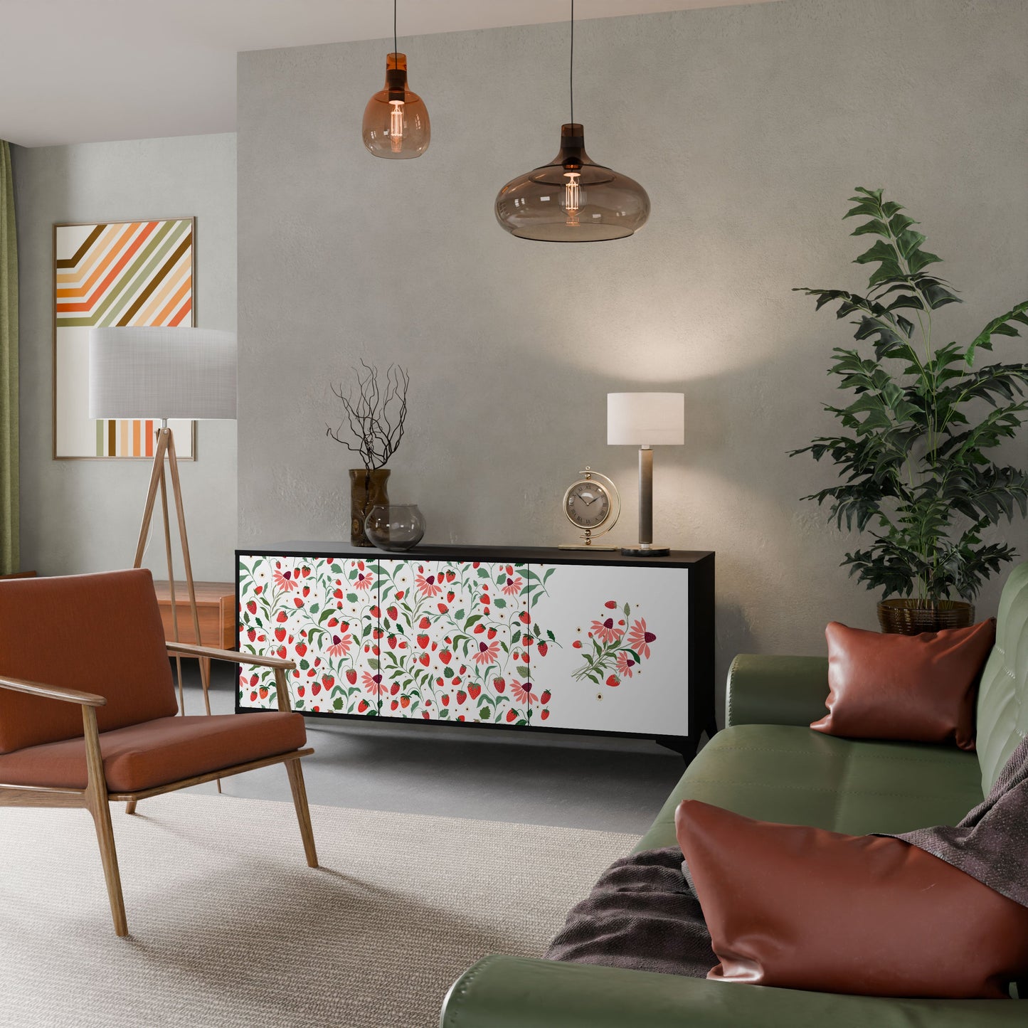 FLOWERS AND STRAWBERRIES 3-Door Sideboard in Black Finish