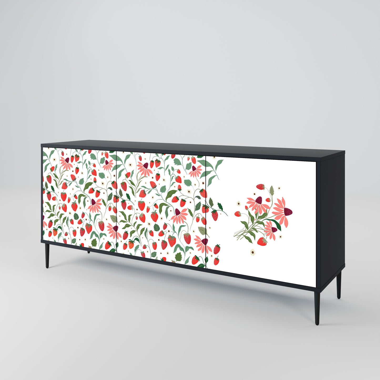 FLOWERS AND STRAWBERRIES 3-Door Sideboard in Black Finish