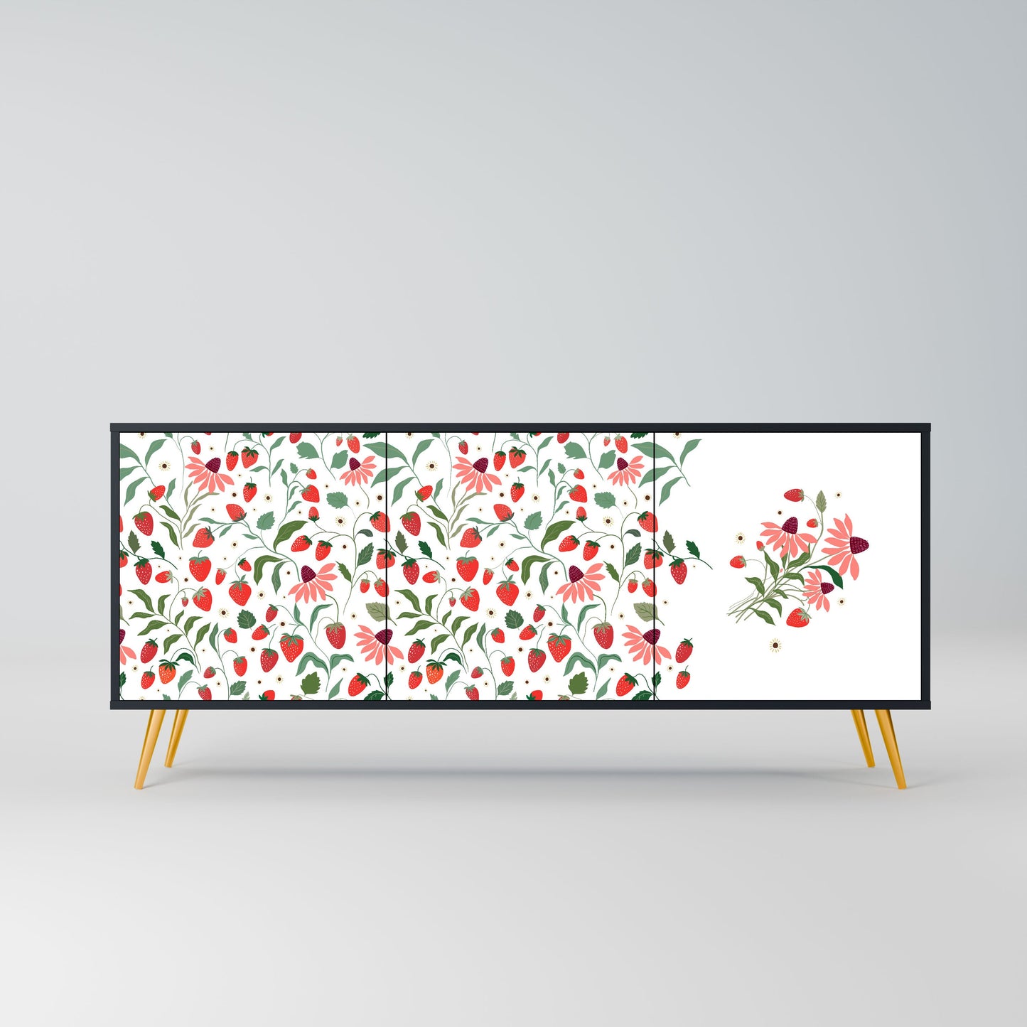 FLOWERS AND STRAWBERRIES 3-Door Sideboard in Black Finish