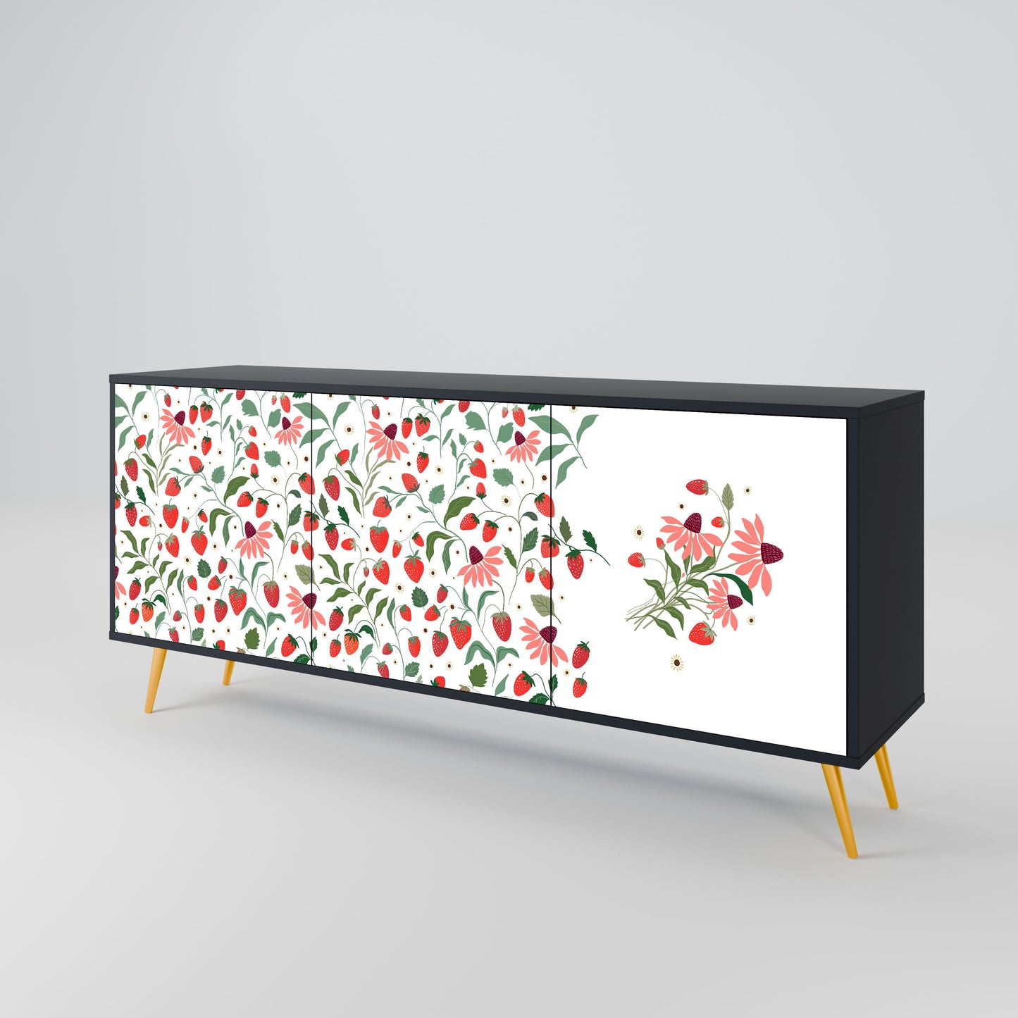 FLOWERS AND STRAWBERRIES 3-Door Sideboard in Black Finish